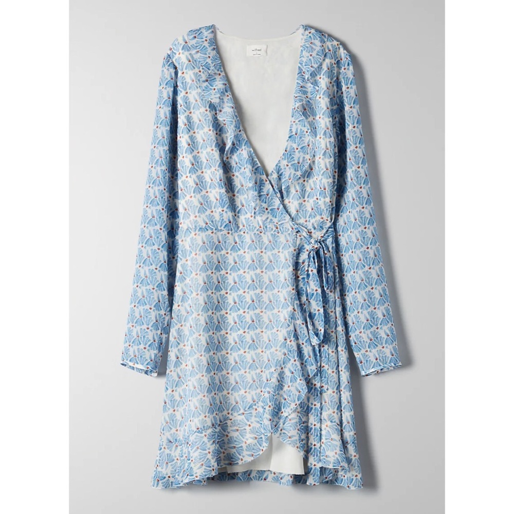 Aritzia Wilfred Blue Print Ruffle Princess Sleeve Chiffon Mini Wrap Louise Dress